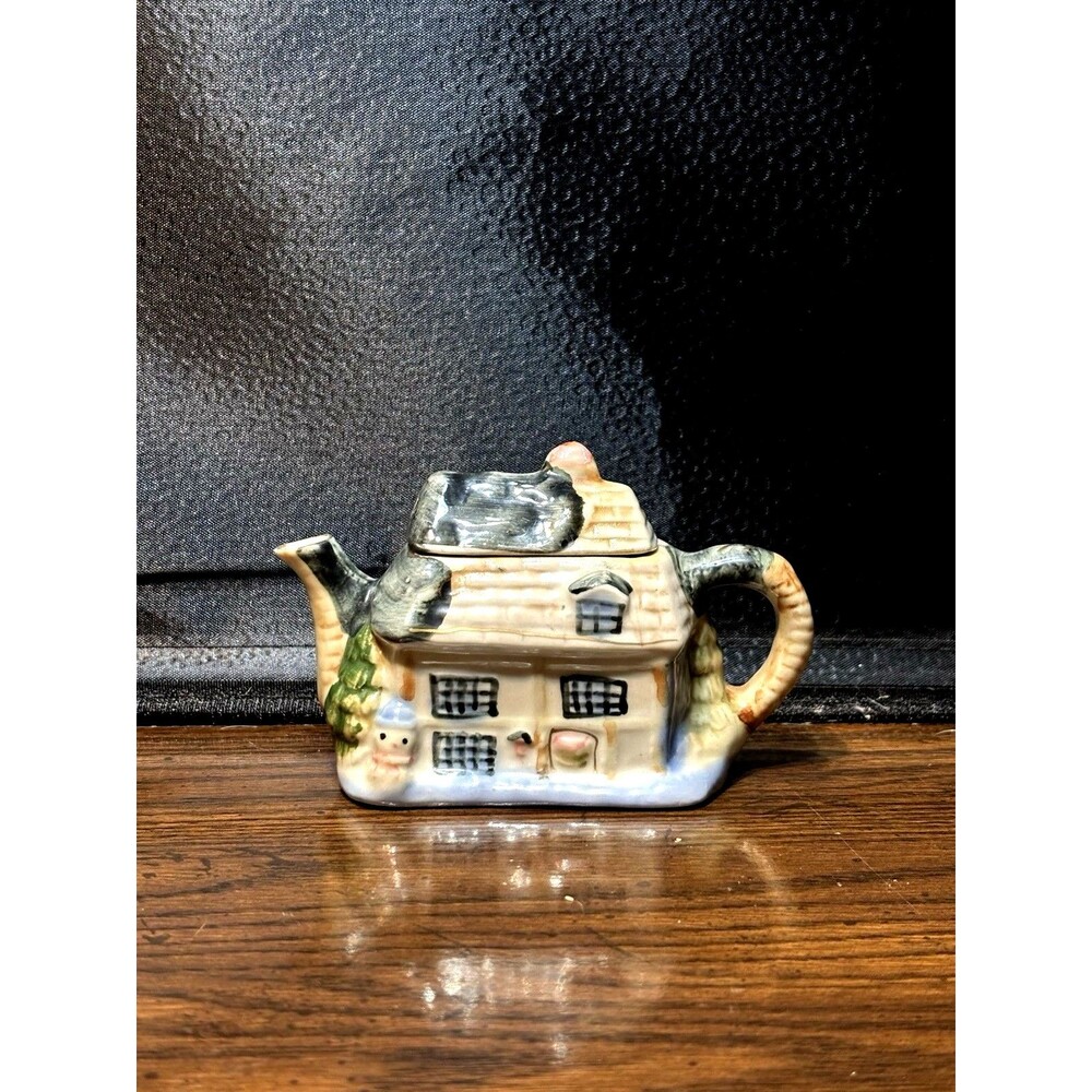 "Vintage Miniature Cottage House Teapot 2.5" Tall Tiny Ceramic Thatched Roof"
